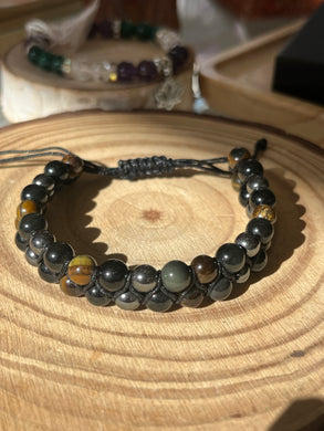Bracelet réglable, obsidienne, hématite, œil de tigre